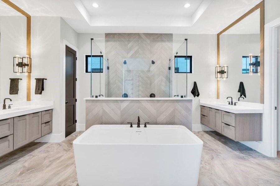 Primary bath with 67' oaking bathtub Primary bath with 67' oaking bathtub