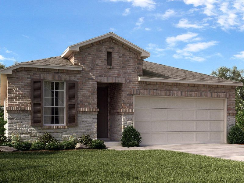Front exterior of a new home in Lark Canyon, New Braunfels, TX, highlighting curb appeal (Image 1). Front exterior of a new home in Lark Canyon, New Braunfels, TX, highlighting curb appeal (Image 1).