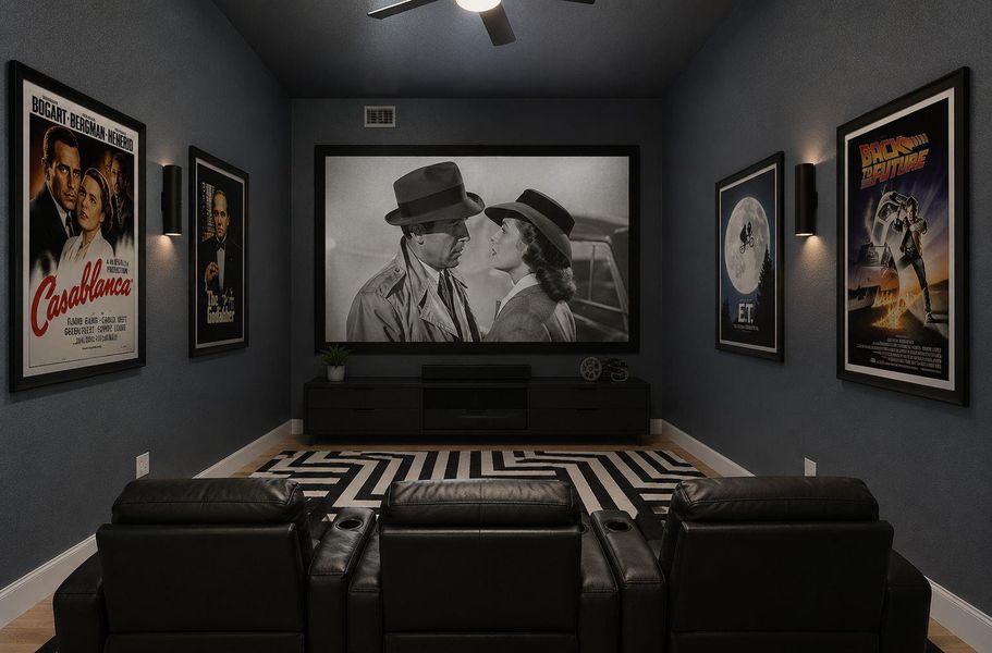 The first floor media room can be used for at-home family movie night with walls richly painted a dark gray. Media room is virtually furnished to help you imagine it's potential. The first floor media room can be used for at-home family movie night with walls richly painted a dark gray. Media room is virtually furnished to help you imagine it's potential.