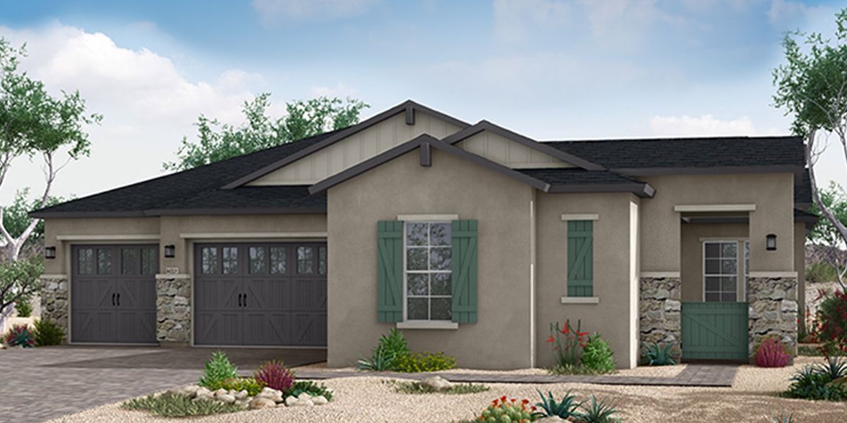 Front exterior of a new home in Summit at The Dells, Prescott, AZ, highlighting curb appeal (Image 24).