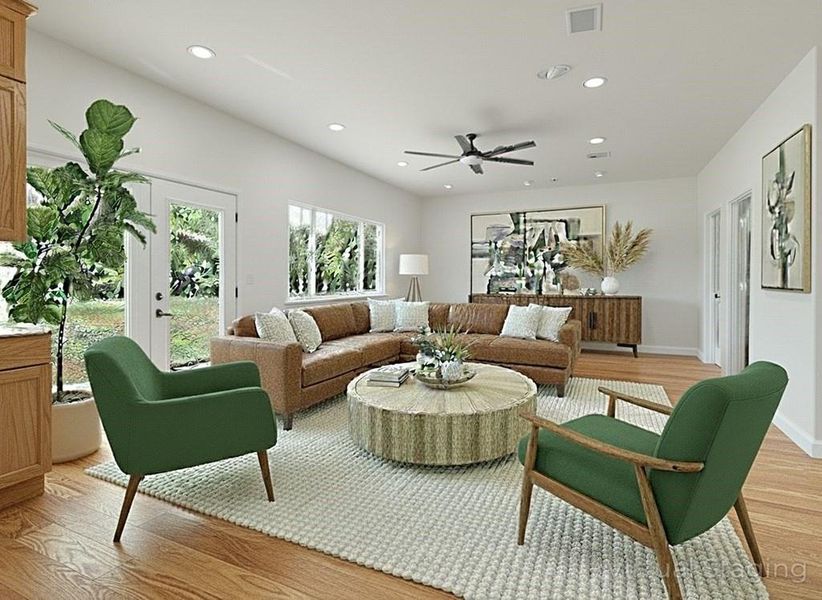 After photo featuring light wood-style floors, ceiling fan, and recessed lighting