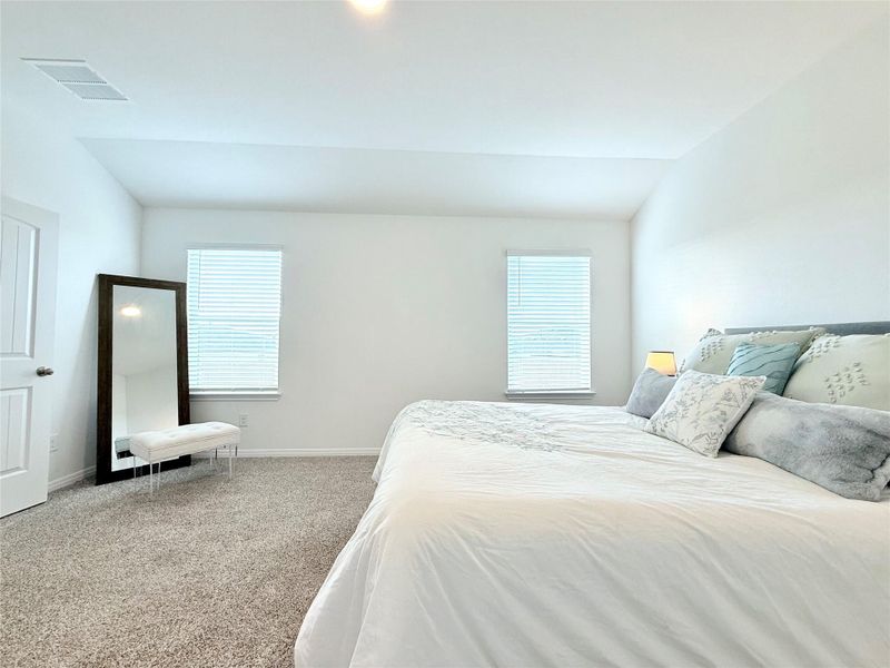 Carpeted bedroom featuring lofted ceiling and multiple windows Carpeted bedroom featuring lofted ceiling and multiple windows