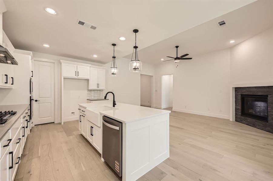 Kitchen with stainless steel appliances, ceiling fan, a sink, open floor plan, and light wood-type flooring