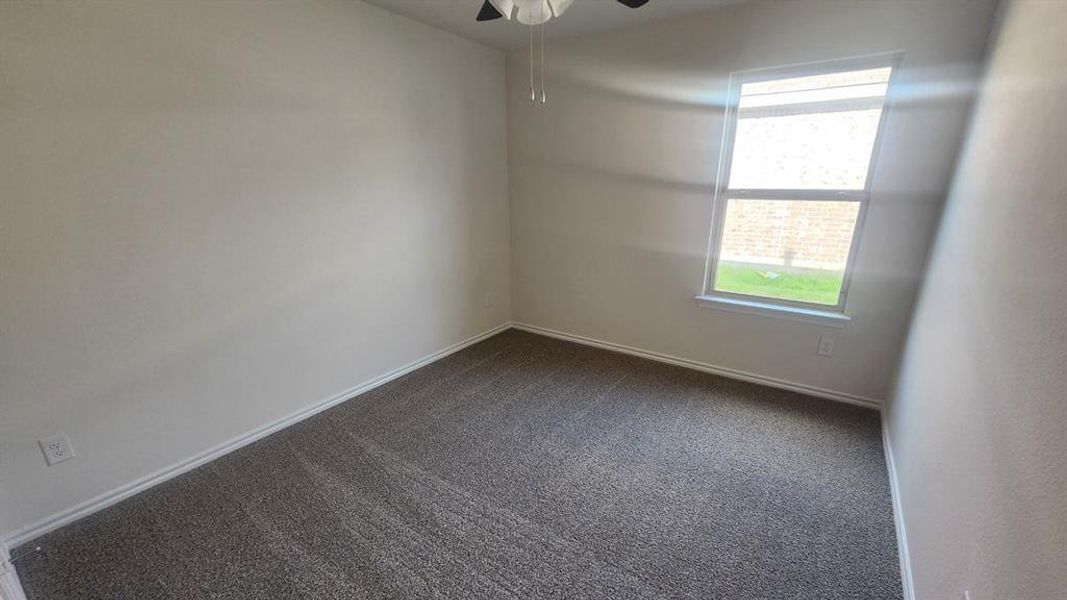 Neutral wall paint and dark gray carpeting