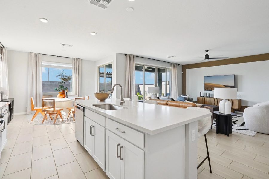 Dining, kitchen and great room Dining, kitchen and great room