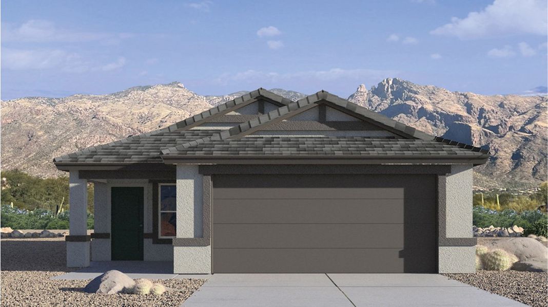 Front exterior of a new home in Coronet at Gladden Farms, Marana, AZ, highlighting curb appeal (Image 1).