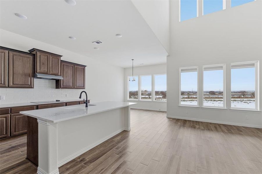 Kitchen featuring decorative backsplash, wood finish floors, pendant lighting, an island with sink, and light stone counters