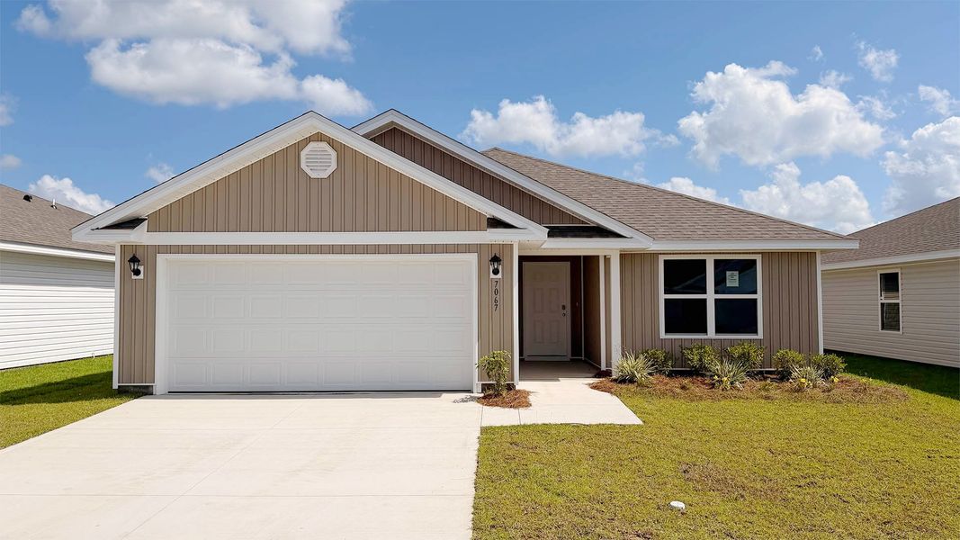 Front exterior of a new home in Liberty, Panama City, FL, highlighting curb appeal (Image 1). Front exterior of a new home in Liberty, Panama City, FL, highlighting curb appeal (Image 1).