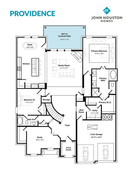 2D floor plan layout for the Providence by John Houston Homes in Byrum Ranch, Maypearl, TX (Image 5).