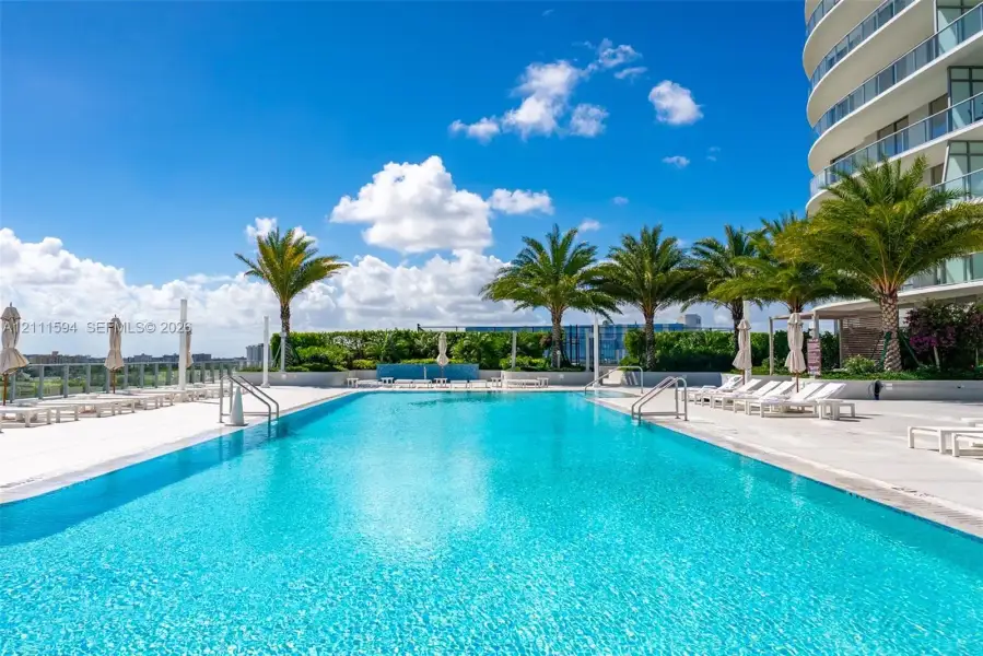 Large rectangular swimming pool with metal pool ladders and paved deck, surrounded by mature palm trees and manicured privacy hedging Large rectangular swimming pool with metal pool ladders and paved deck, surrounded by mature palm trees and manicured privacy hedging