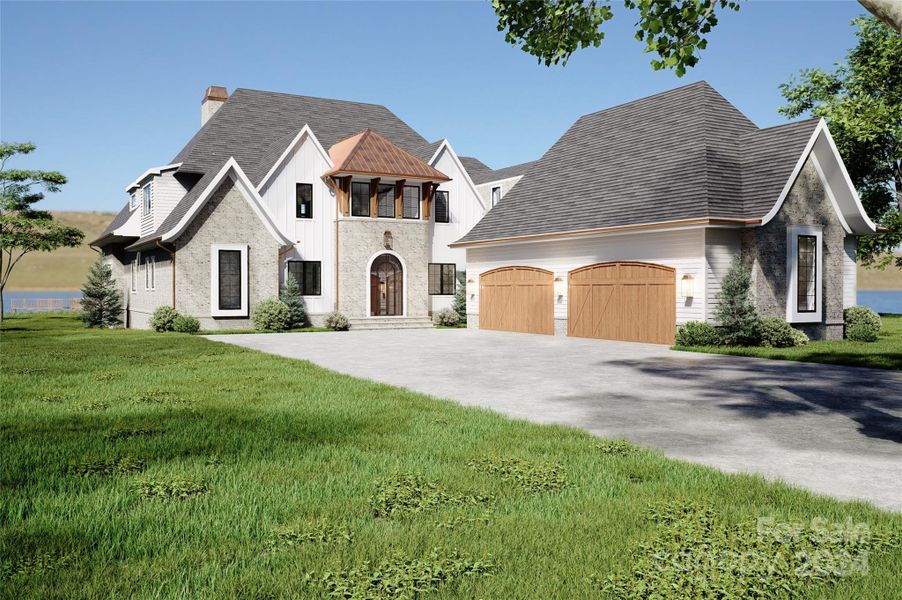 4-car garage, cedar doors, and copper accents