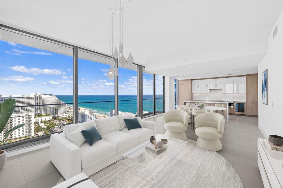 Virtually staged Living room with Unobstructed Ocean, Intracoastal and city view Virtually staged Living room with Unobstructed Ocean, Intracoastal and city view