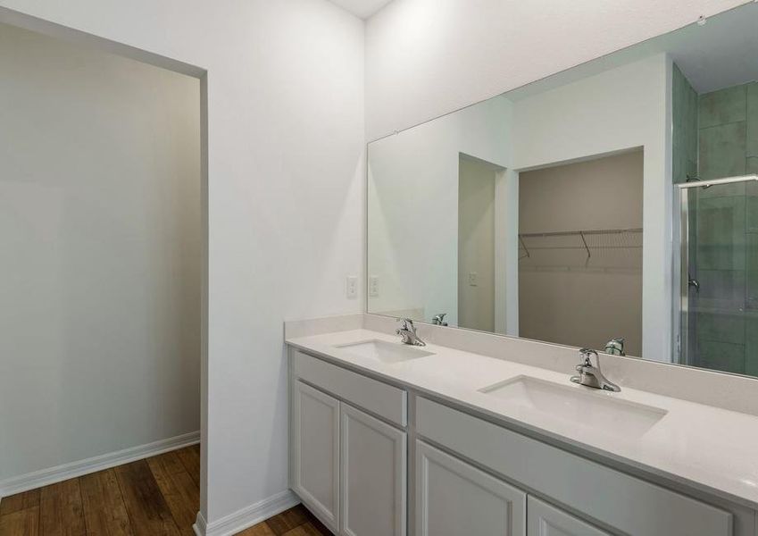 Master bathroom featuring a double-sink vanity, walk-in closet and a step-in shower.