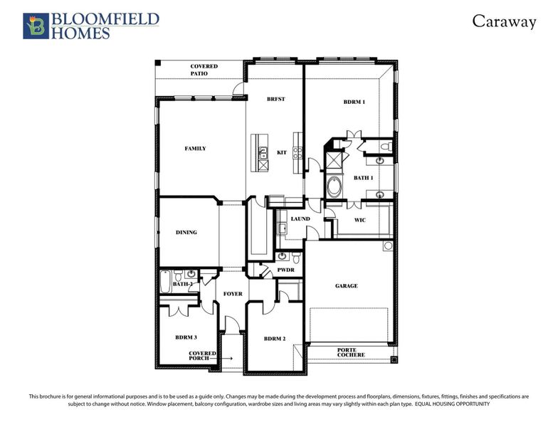 Bloomfield Homes Caraway floor plan with three bedrooms, two bathrooms, family room, kitchen, and two-car garage with porte cochere.