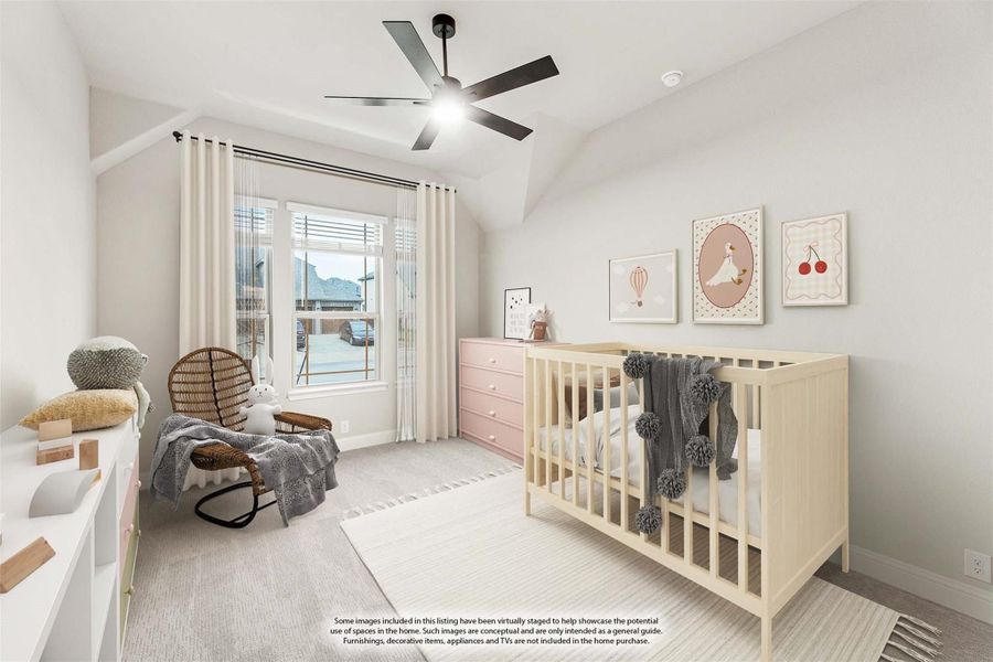 Nursery with wood crib, pink dresser, vaulted ceiling, ceiling fan, and large window