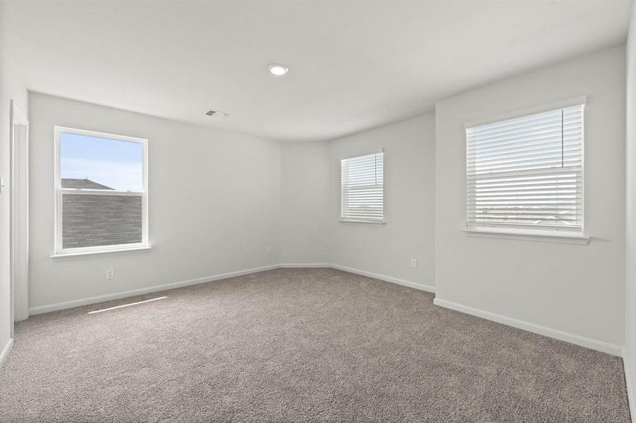 Carpeted primary bedroom with a wealth of natural light