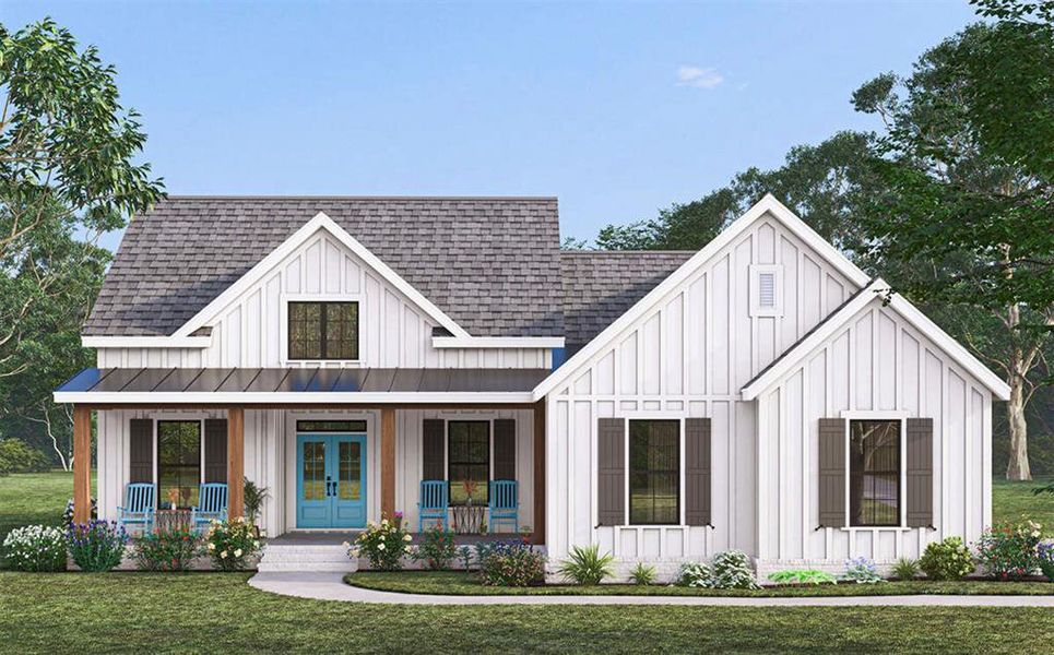 Modern farmhouse with a porch and a front lawn