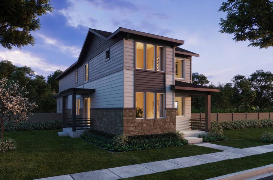 Representative exterior photo of a completed home built from the 4 by Risewell Homes in Woodrose at Painted Prairie, Aurora, CO (Image 3). Representative exterior photo of a completed home built from the 4 by Risewell Homes in Woodrose at Painted Prairie, Aurora, CO (Image 3).