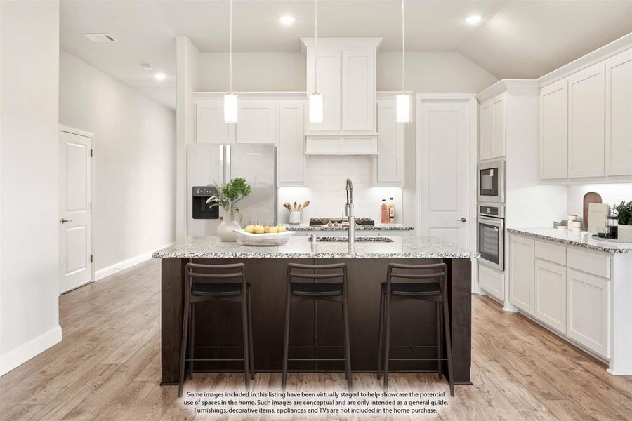 Kitchen with white cabinets, granite island with three bar stools, and hardwood floors Kitchen with white cabinets, granite island with three bar stools, and hardwood floors