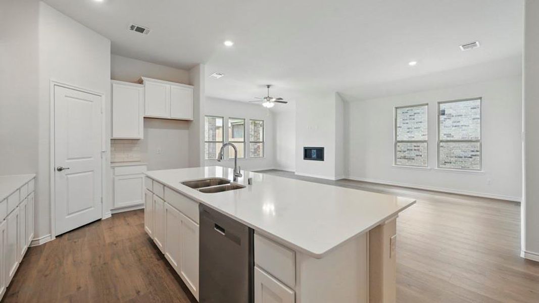 Open-concept kitchen featuring a large central island with an undermount double sink, white cabinetry, and stainless steel dishwasher