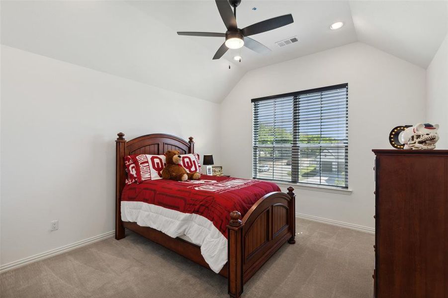 Carpeted bedroom featuring vaulted ceiling and ceiling fan