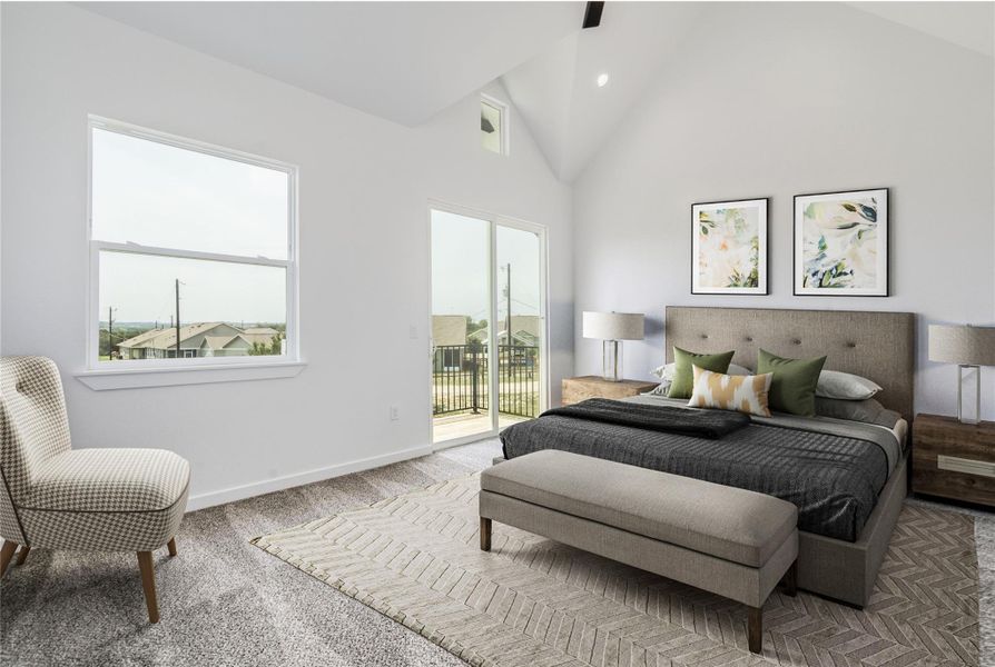 Soaring vaulted ceilings and a private balcony elevate this tranquil primary bedroom retreat. Soaring vaulted ceilings and a private balcony elevate this tranquil primary bedroom retreat.