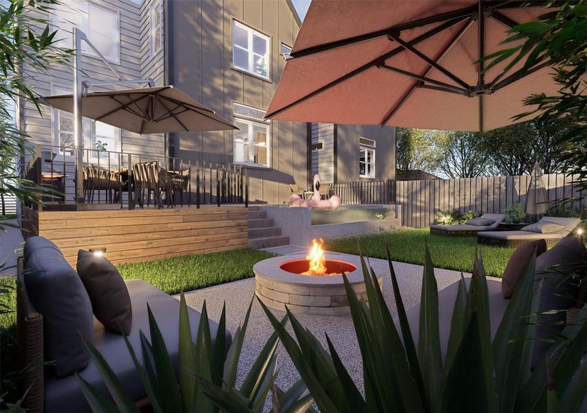 A concept rendering illustrating how this residence’s private outdoor space could transform into an entertainer’s retreat — complete with tiered lounging zones, ambient lighting, and seamless indoor-outdoor flow. The possibilities are endless.