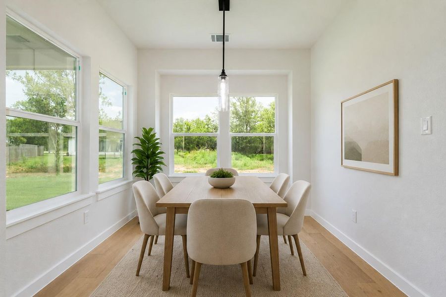 Virtually staged radiant dining area, bathed in natural light, offering serene views of the verdant landscape.