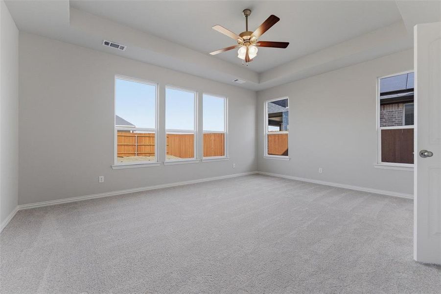 Unfurnished room featuring a raised ceiling, light colored carpet, and ceiling fan