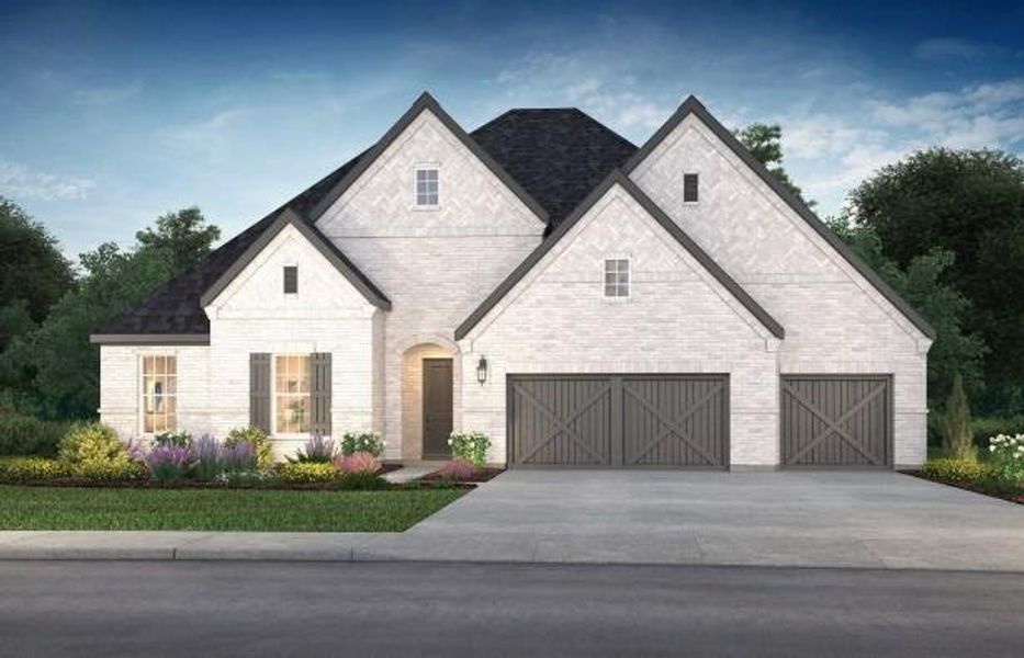 Front exterior of a new home in Meridiana 70', Manvel, TX, highlighting curb appeal (Image 1). Front exterior of a new home in Meridiana 70', Manvel, TX, highlighting curb appeal (Image 1).
