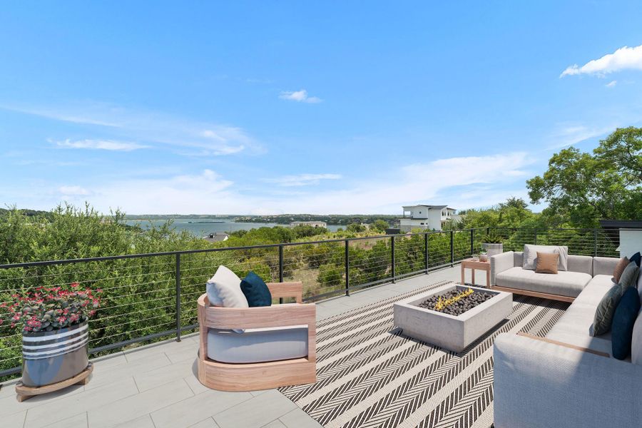 Virtually staged inviting outdoor patio offers sweeping lake views, perfect for evening gatherings.