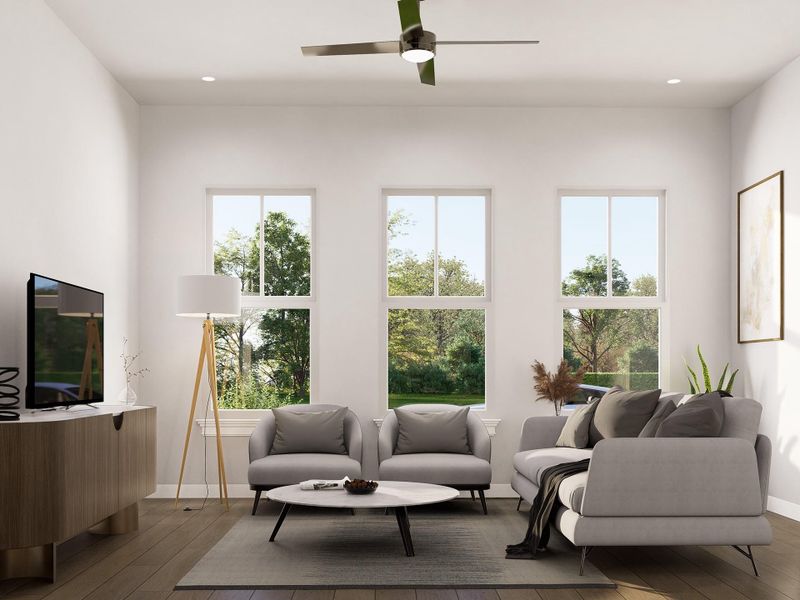 The ROCbridge’s living room offers an open, inviting space designed for gathering, relaxing, and everyday comfort. Image depicts artist's rendering. Colors and selections my vary from the final product. See New Home Consultant for details.