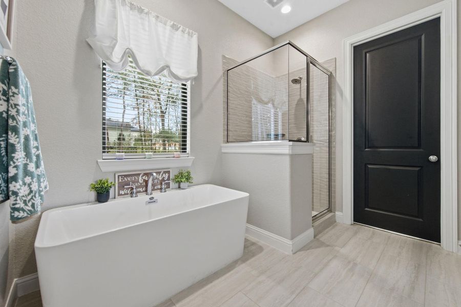 Primary bathroom features a stand-alone large tub and separate shower.