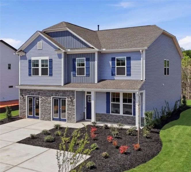 A welcoming facade showcases a two-story residence A welcoming facade showcases a two-story residence