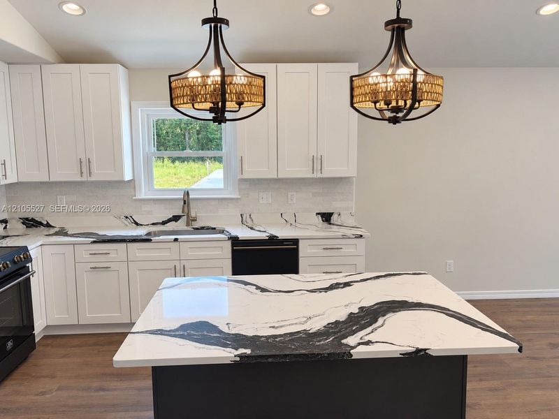 White shaker-style cabinetry, patterned countertops, wood-finish flooring, and recessed and pendant lighting White shaker-style cabinetry, patterned countertops, wood-finish flooring, and recessed and pendant lighting