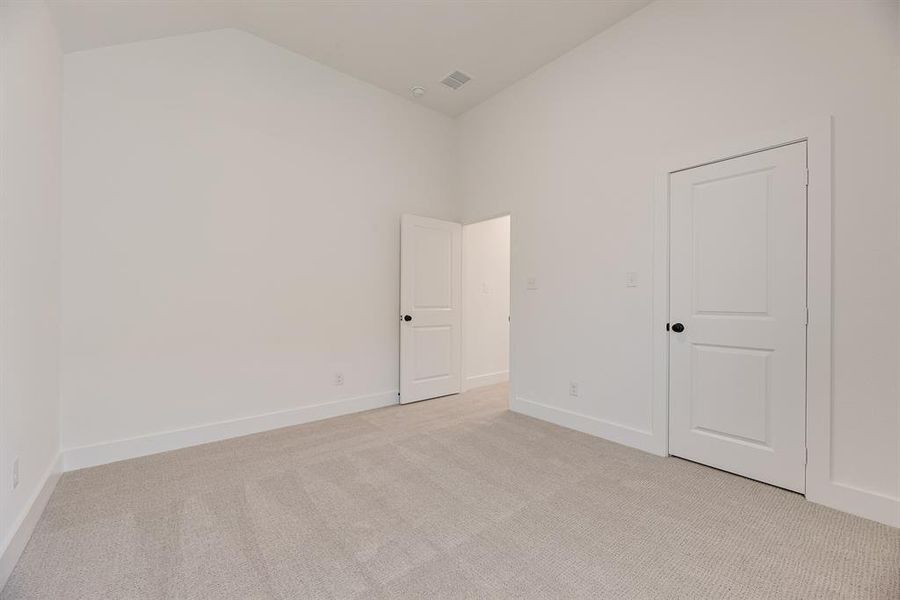 Spare room featuring light carpet and high vaulted ceiling Spare room featuring light carpet and high vaulted ceiling