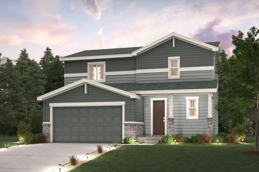 Front exterior of a new home in Bella Vista, Lochbuie, CO, highlighting curb appeal (Image 1). Front exterior of a new home in Bella Vista, Lochbuie, CO, highlighting curb appeal (Image 1).