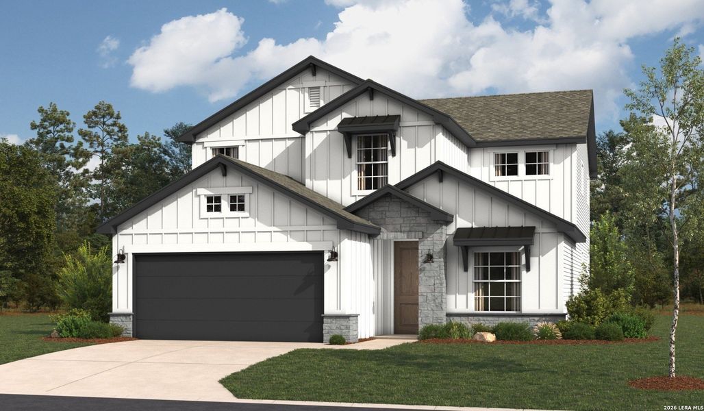 Front exterior of a new home in Hickory Ridge Estates, Elmendorf, TX, highlighting curb appeal (Image 1). Front exterior of a new home in Hickory Ridge Estates, Elmendorf, TX, highlighting curb appeal (Image 1).