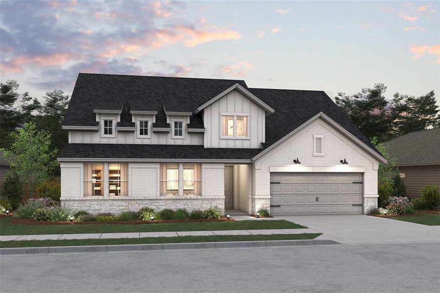 Front exterior of a new home in Timberbrook, Justin, TX, highlighting curb appeal (Image 1).