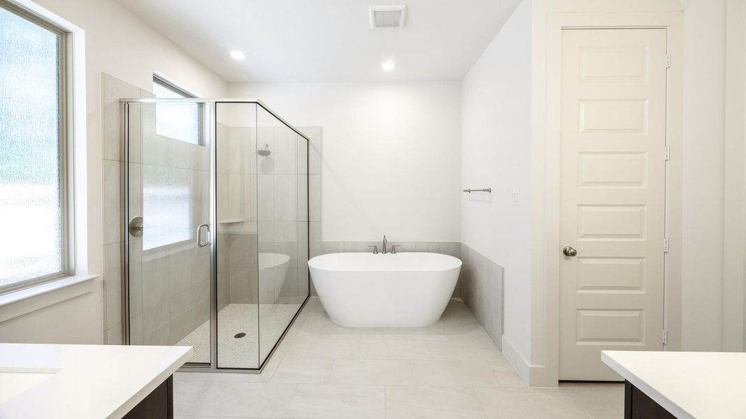 Full bath featuring a freestanding tub, visible vents, vanity, and a stall shower Full bath featuring a freestanding tub, visible vents, vanity, and a stall shower