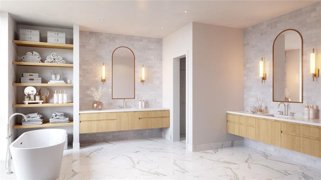 Artist Rendition of the Primary Bathroom, complete with Eggersman Cabinetry, freestanding soaking tub, paneled walls & an abundance of natural light illuminating the lush owners space.