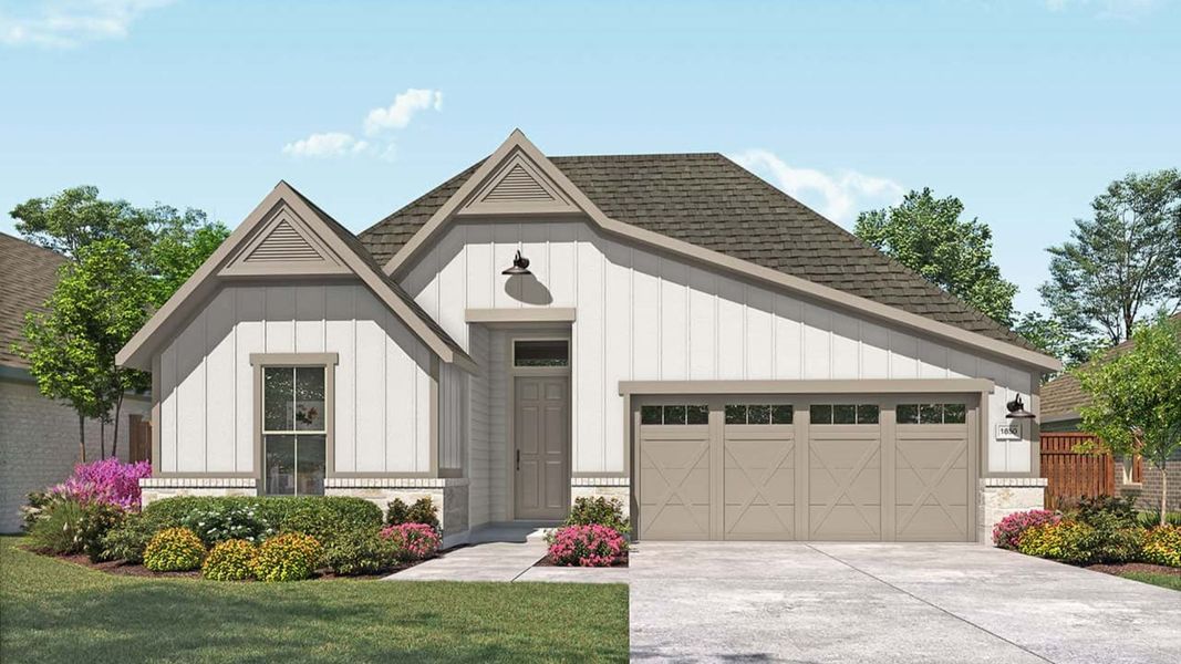 Representative exterior photo of a completed home built from the Mahogany by DRB Homes in Parkside on the River, Georgetown, TX (Image 5). Representative exterior photo of a completed home built from the Mahogany by DRB Homes in Parkside on the River, Georgetown, TX (Image 5).