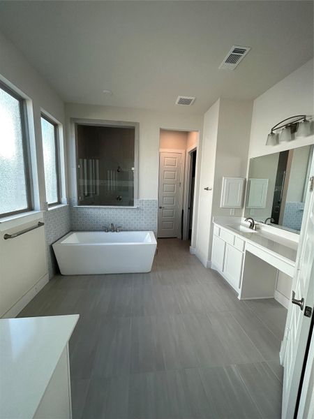 Primary Bath retreat with dual vanities, garden tub & walk-in shower