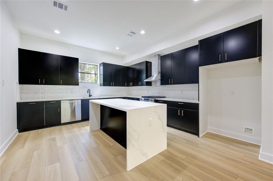 Waterfall quartz counter top with lots of cabinet space
