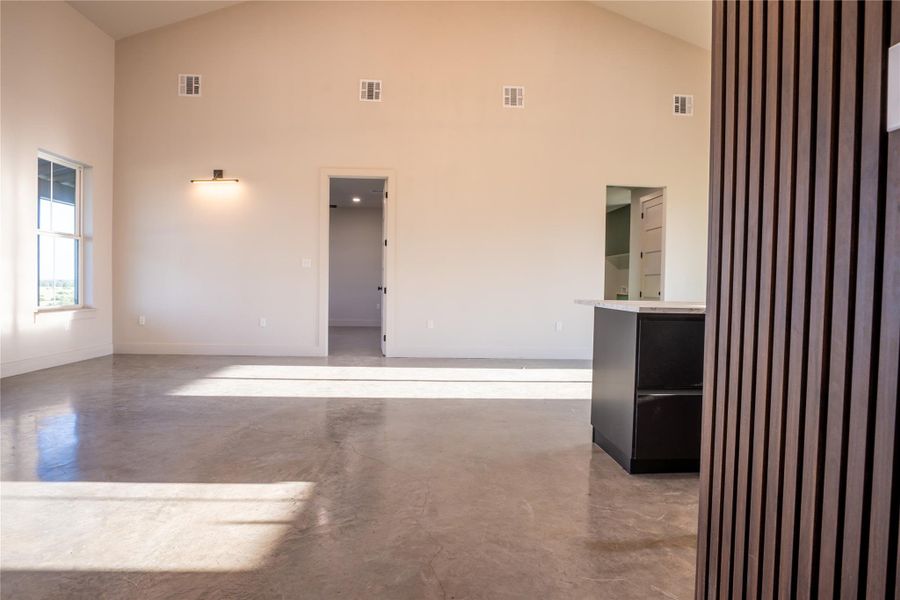 Empty room featuring finished concrete flooring and high vaulted ceiling