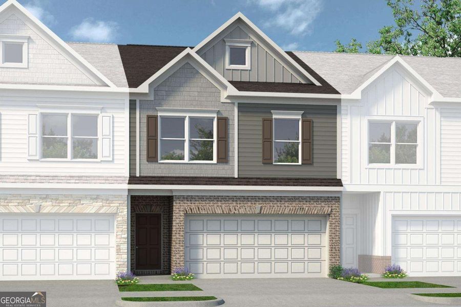 Front exterior of a new home in Crescent Towns, Riverdale, GA, highlighting curb appeal (Image 1).