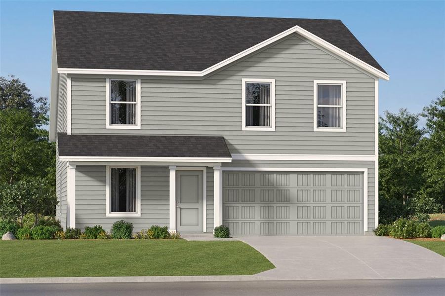 Traditional home with roof with shingles, driveway, a front yard, and a garage Traditional home with roof with shingles, driveway, a front yard, and a garage