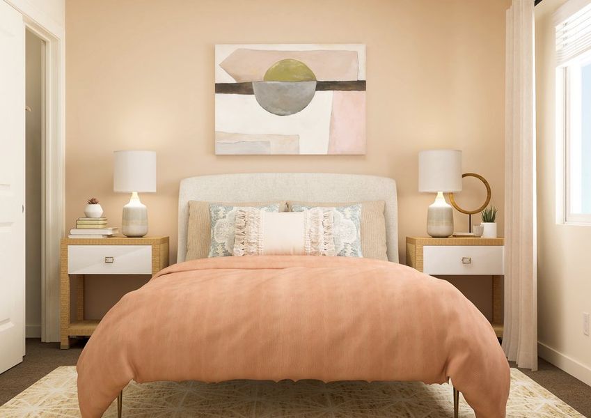 Rendering of a bedroom furnished with a pink bed and a brown side table. Rendering of a bedroom furnished with a pink bed and a brown side table.