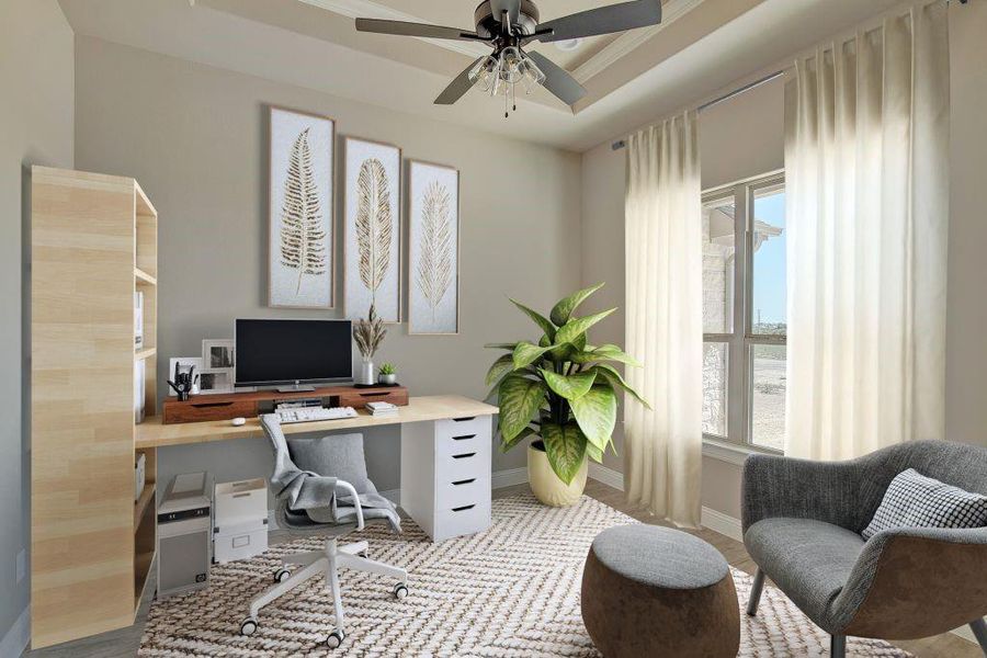 Office space with a healthy amount of sunlight and ceiling fan