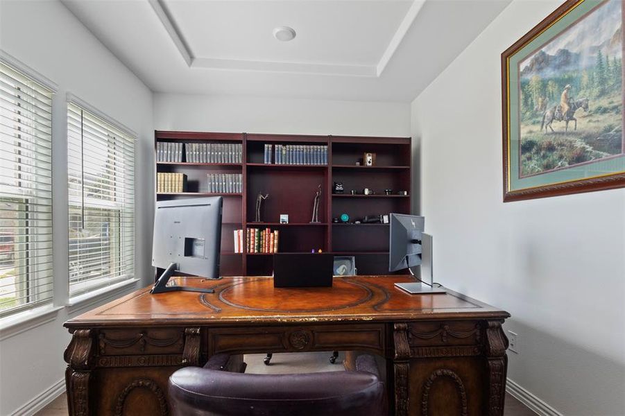 Office area with a tray ceiling and baseboards